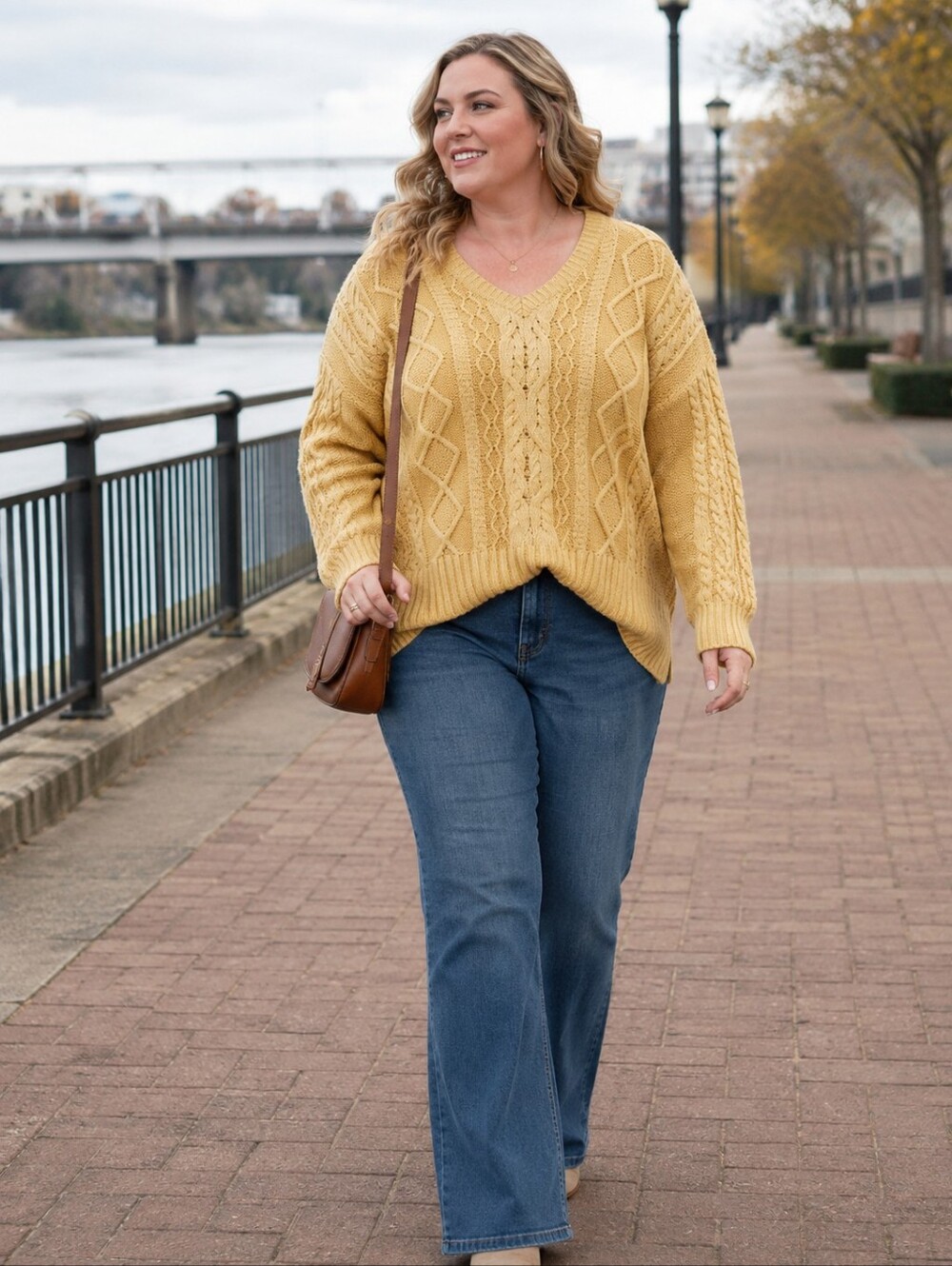TIME & TRUE Cable Knit V-Neck Sweater - Antique Mustard